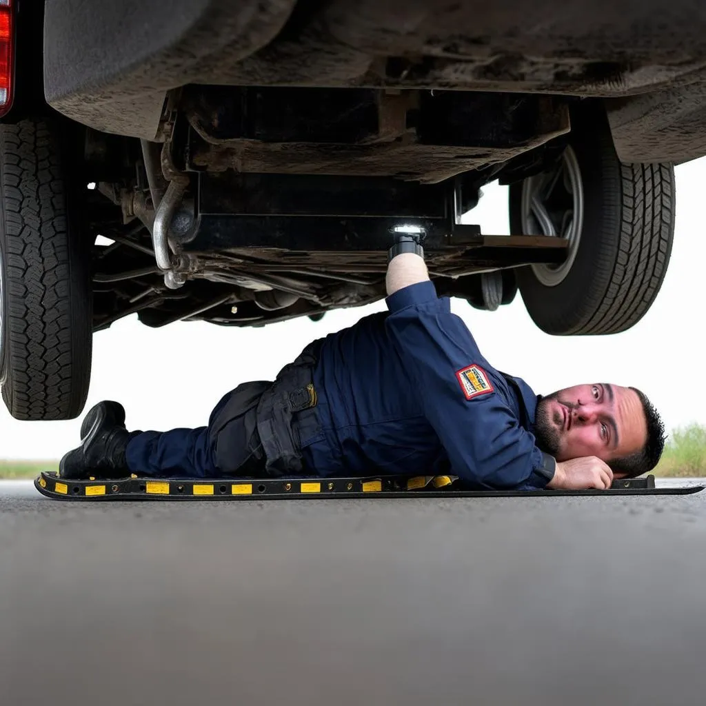 Mechanic inspecting the undercarriage of a truck